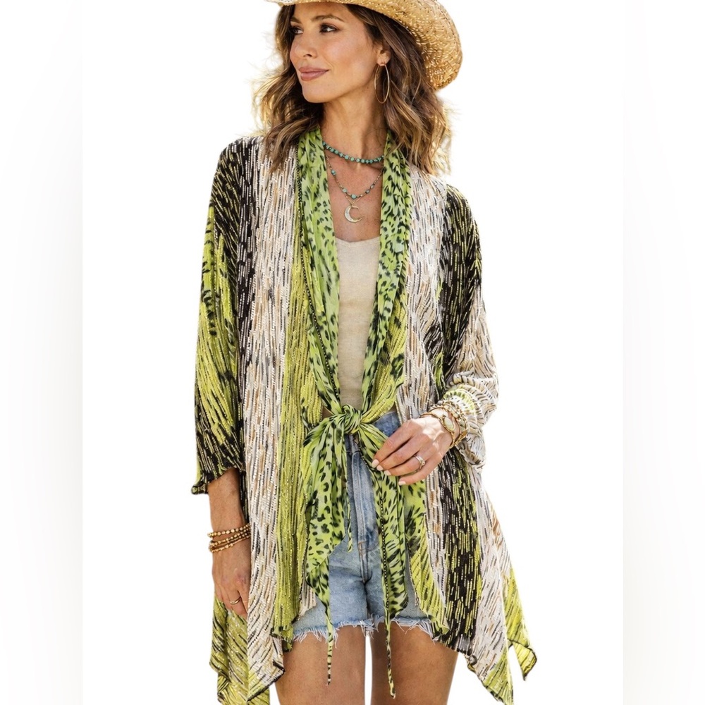 Mona Leah Couture Green Black Abstract Tie-Front Drape Cardigan M Boho Festival